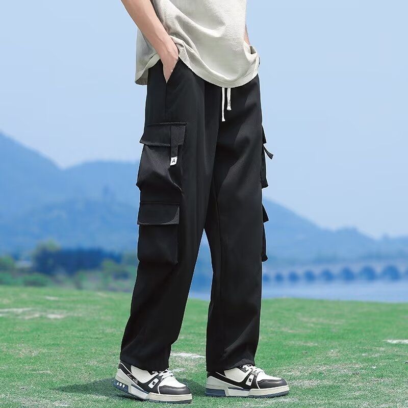 Ανδρικά παντελόνια σε κορεατικό στιλ, ίσια γραμμή, καθημερινά παντελόνια εργασίας με ζώνη και κλείσιμο με κορδόνι, πολλαπλές τσέπες