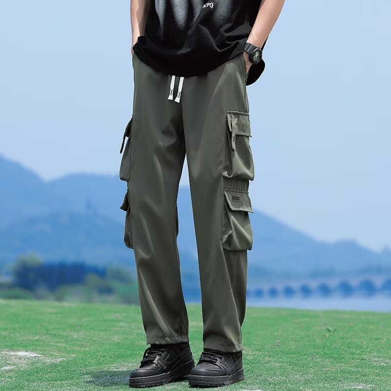 Ανδρικά παντελόνια σε κορεατικό στιλ, ίσια γραμμή, καθημερινά παντελόνια εργασίας με ζώνη και κλείσιμο με κορδόνι, πολλαπλές τσέπες