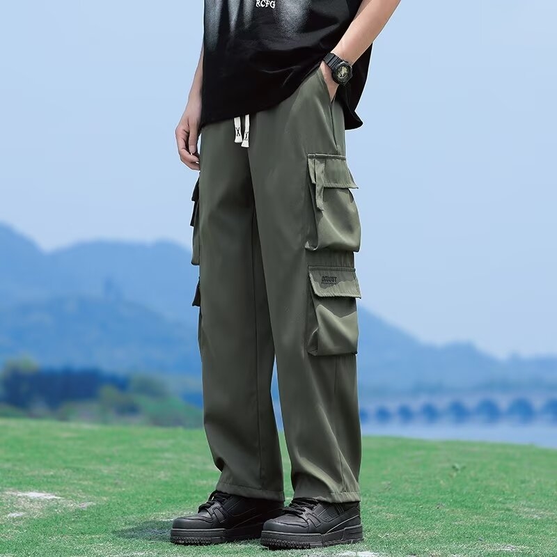 Ανδρικά παντελόνια σε κορεατικό στιλ, ίσια γραμμή, καθημερινά παντελόνια εργασίας με ζώνη και κλείσιμο με κορδόνι, πολλαπλές τσέπες