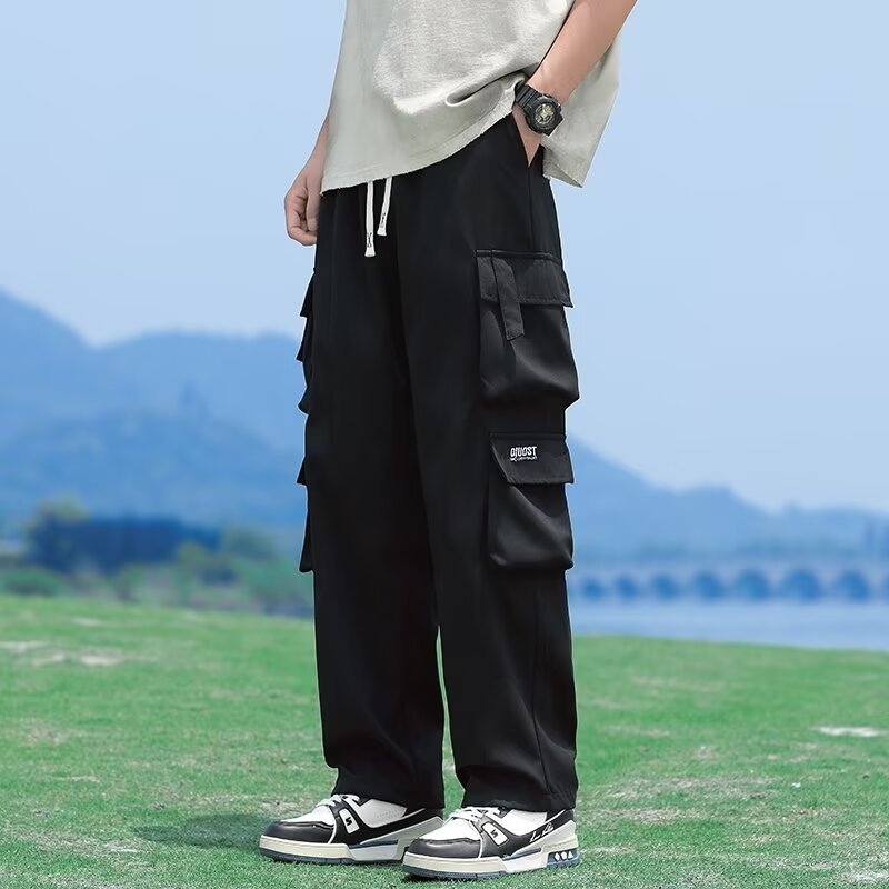 Ανδρικά παντελόνια σε κορεατικό στιλ, ίσια γραμμή, καθημερινά παντελόνια εργασίας με ζώνη και κλείσιμο με κορδόνι, πολλαπλές τσέπες