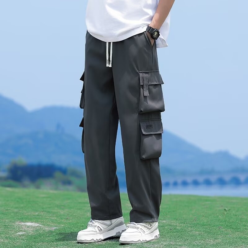 Ανδρικά παντελόνια σε κορεατικό στιλ, ίσια γραμμή, καθημερινά παντελόνια εργασίας με ζώνη και κλείσιμο με κορδόνι, πολλαπλές τσέπες