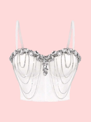 Κορσέ τοπ με διακόσμηση αλυσίδας-διαμαντιού, μποντίνγκ, ανάμειξη πολυεστέρα-ελαστάνης, στενή εφαρμογή, αποσπώμενες τιράντες
