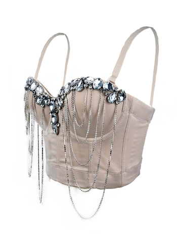 Κορσέ τοπ με διακόσμηση αλυσίδας-διαμαντιού, μποντίνγκ, ανάμειξη πολυεστέρα-ελαστάνης, στενή εφαρμογή, αποσπώμενες τιράντες