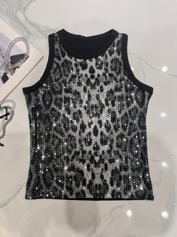 Τοπ με παγιέτες halterneck, λεοπάρ μοτίβο, στενή γραμμή, πολυεστέρας 95%+, αποσπώμενες τιράντες