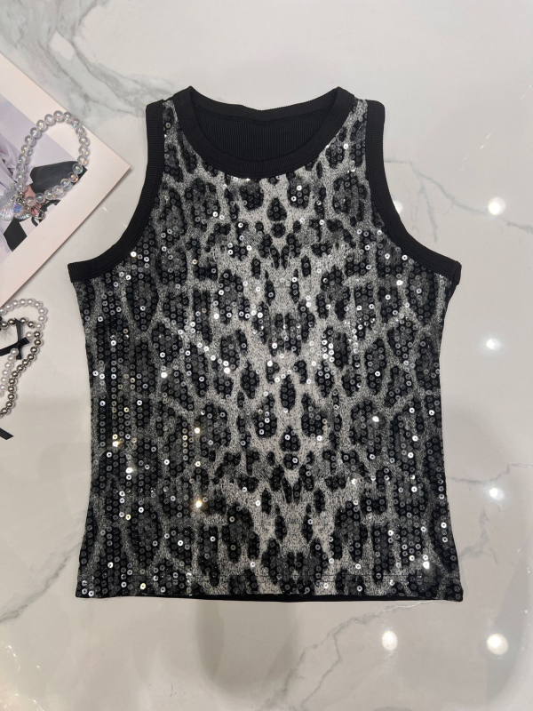 Halternyakú flitteres felső, leopard mintával, karcsú szabású, poliészter 95%+