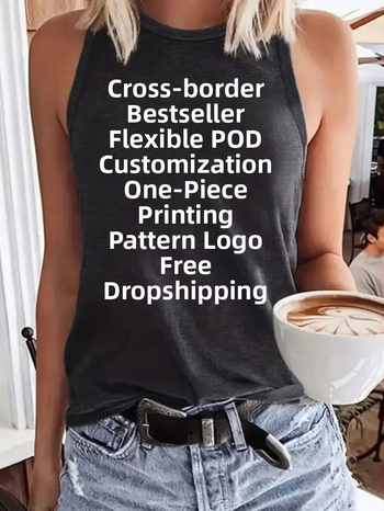 Γυναικείο T-shirt χωρίς μανίκια με στρογγυλό λαιμό, pull-on στυλ, μείξη πολυεστέρα-ρεγιόν, εκτύπωση κειμένου/λογότυπου, μεσαίο μήκος