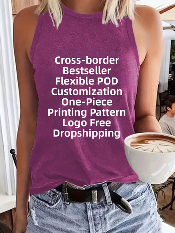 Γυναικείο T-shirt χωρίς μανίκια με στρογγυλό λαιμό, pull-on στυλ, μείξη πολυεστέρα-ρεγιόν, εκτύπωση κειμένου/λογότυπου, μεσαίο μήκος