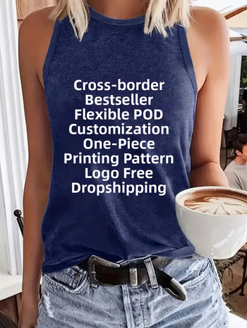 Γυναικείο T-shirt χωρίς μανίκια με στρογγυλό λαιμό, pull-on στυλ, μείξη πολυεστέρα-ρεγιόν, εκτύπωση κειμένου/λογότυπου, μεσαίο μήκος