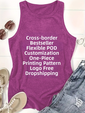 Γυναικείο T-shirt χωρίς μανίκια με στρογγυλό λαιμό, pull-on στυλ, μείξη πολυεστέρα-ρεγιόν, εκτύπωση κειμένου/λογότυπου, μεσαίο μήκος