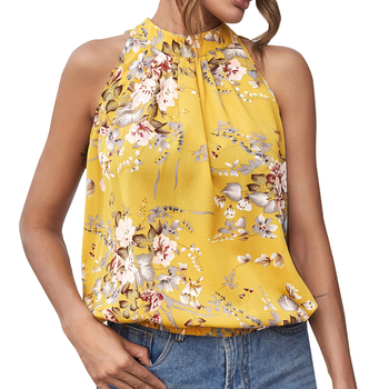 T-shirt με στρογγυλή λαιμόκοψη, χωρίς μανίκια, μοτίβο με σπασμένα άνθη, ύφασμα βαμβάκι-πολυεστέρα, μήκος 50–65 εκ