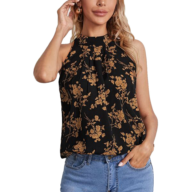 Majica T-shirt s okruglim izrezom, bez rukava, otisak s lomljenim cvijećem, pamuk-poliester mješavina, duljina 50–65 cm