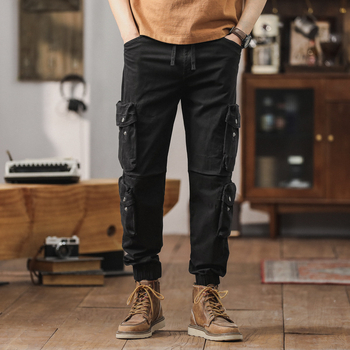 Ανδρικά παντελόνια εργασίας με πολλές τσέπες, βαμβακερά, χαλαρή γραμμή, μεσαία μέση, για άνοιξη-φθινόπωρο, μονόχρωμα