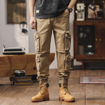 Ανδρικά παντελόνια εργασίας με πολλές τσέπες, βαμβακερά, χαλαρή γραμμή, μεσαία μέση, για άνοιξη-φθινόπωρο, μονόχρωμα