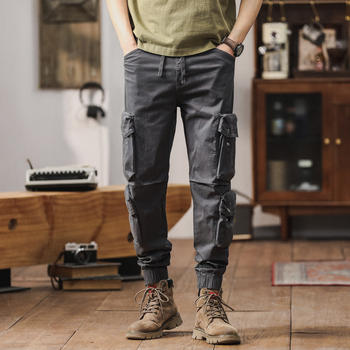 Ανδρικά παντελόνια εργασίας με πολλές τσέπες, βαμβακερά, χαλαρή γραμμή, μεσαία μέση, για άνοιξη-φθινόπωρο, μονόχρωμα