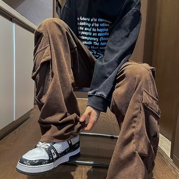 Ανδρικά παντελόνια vintage σε ιαπωνικό στυλ, χαλαρή εφαρμογή, φθινοπωρινό μοντέλο 2024, ύφασμα μίξης βαμβακιού-πολυεστέρα, κορδόνι στη μέση, ίσια γραμμή