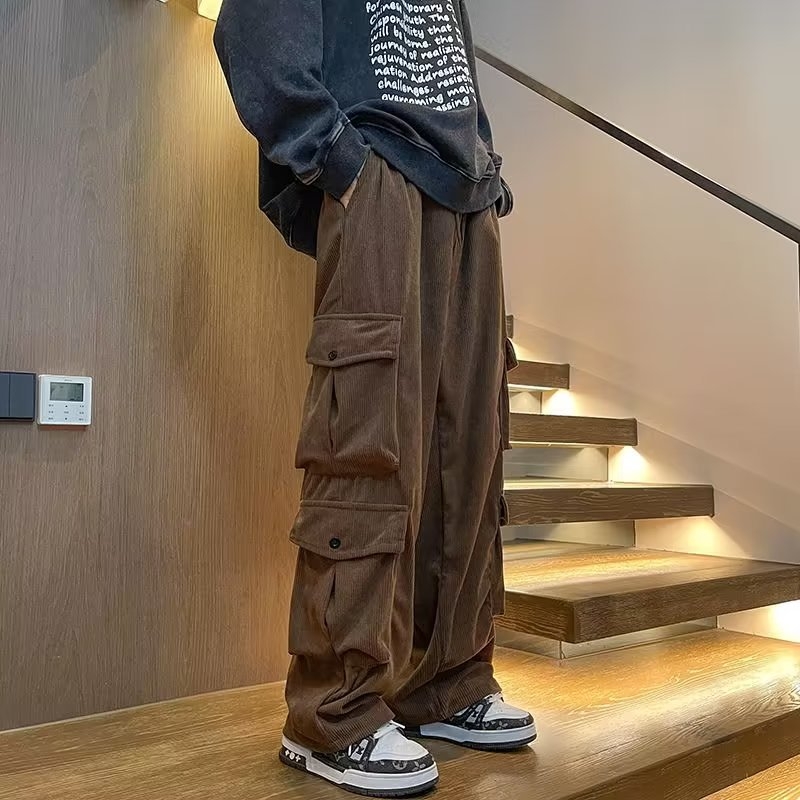 Muške hlače u japanskom vintage stilu, opušten kroj, ravne nogavice, jesen 2024, mješavina pamuka i poliestera, vezivanje na šnuru