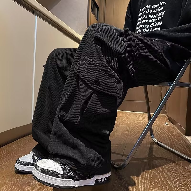Muške hlače u japanskom vintage stilu, opušten kroj, ravne nogavice, jesen 2024, mješavina pamuka i poliestera, vezivanje na šnuru