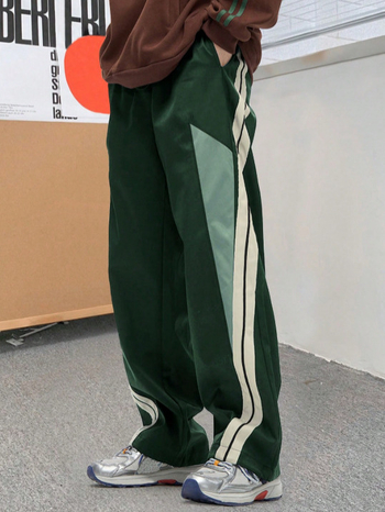 Ανδρικά παντελόνια με ίσια γραμμή, χαλαρή εφαρμογή, γεωμετρικό μοτίβο, μίξη πολυεστέρα, κλείσιμο με κορδόνι, μέση μεσαίου ύψους