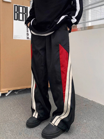 Ανδρικά παντελόνια με ίσια γραμμή, χαλαρή εφαρμογή, γεωμετρικό μοτίβο, μίξη πολυεστέρα, κλείσιμο με κορδόνι, μέση μεσαίου ύψους