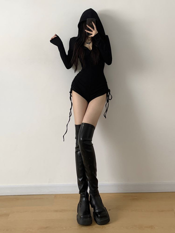 Γυναικεία ολόσωμη φόρμα με κουκούλα, μακριά μανίκια, υψηλή μέση, μετριο μήκος φούστας, TR ύφασμα