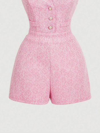 Γυναικεία ολόσωμη φόρμα από πολυεστέρα, χωρίς μανίκια, με λεπτομέρειες smocking, μέση μεσαία, ίσιο παντελόνι έως τρία τέταρτα, καλοκαίρι 2025