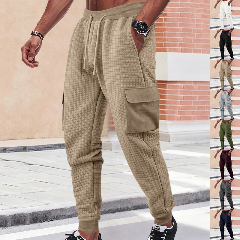 Casual radne hlače s jacquard mrežastim uzorkom, srednji struk s remenom, debeli rastezljivi materijal, više džepova