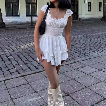 Βαμβακερό φόρεμα με έναν ώμο, κοντά μανίκια, κοντό φόρεμα, στυλ δρόμου χίπστερ, καλοκαίρι 2025