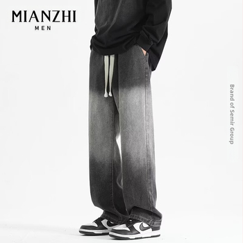 Мъжки дънки деним, висока талия, прав крак, тънък плат, ципово закопчаване