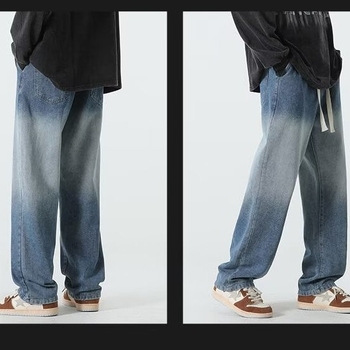 Мъжки дънки деним, висока талия, прав крак, тънък плат, ципово закопчаване