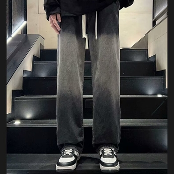 Мъжки дънки деним, висока талия, прав крак, тънък плат, ципово закопчаване