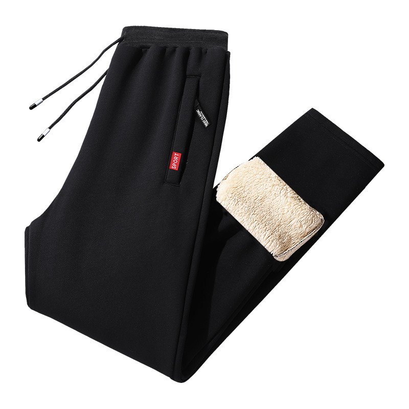 Pantaloni casual bărbați cu fleece, croială dreaptă lejeră, groși pentru toamnă și iarnă