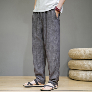 Ανδρικά καλοκαιρινά παντελόνια από λινό και βαμβάκι, κινέζικος στυλ, ίσια γραμμή, μεσαία μέση, κορδόνι δεσίματος (Λινο-βαμβακερή μείξη; Ίσια γραμμή; Μεσαία μέση; Κορδόνι)