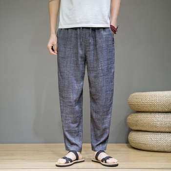 Ανδρικά καλοκαιρινά παντελόνια από λινό και βαμβάκι, κινέζικος στυλ, ίσια γραμμή, μεσαία μέση, κορδόνι δεσίματος (Λινο-βαμβακερή μείξη; Ίσια γραμμή; Μεσαία μέση; Κορδόνι)