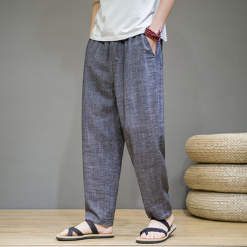 Ανδρικά καλοκαιρινά παντελόνια από λινό και βαμβάκι, κινέζικος στυλ, ίσια γραμμή, μεσαία μέση, κορδόνι δεσίματος (Λινο-βαμβακερή μείξη; Ίσια γραμμή; Μεσαία μέση; Κορδόνι)
