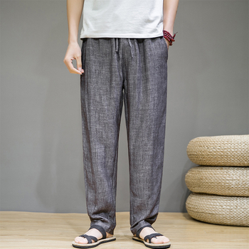 Ανδρικά καλοκαιρινά παντελόνια από λινό και βαμβάκι, κινέζικος στυλ, ίσια γραμμή, μεσαία μέση, κορδόνι δεσίματος (Λινο-βαμβακερή μείξη; Ίσια γραμμή; Μεσαία μέση; Κορδόνι)