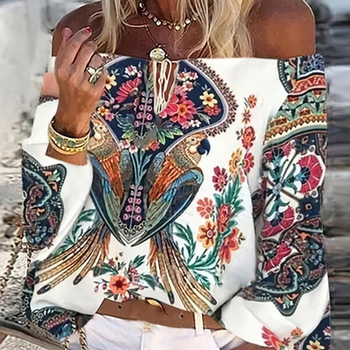 Női sifonblúz mintával, hajónyakú, 3/4-es ujjak, laza szabású, poliészter