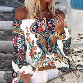 Γυναικεία μπλούζα από σιφόν με σχέδιο, λαιμό μποτ, μανίκια 3/4, χαλαρή γραμμή, πολυεστέρας