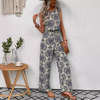 Φορμά ολόσωμη με εκτύπωση, χωρίς μανίκια, με υψηλή μέση και ίσια παντελόνια, πολυεστέρας, άνοιξη 2024