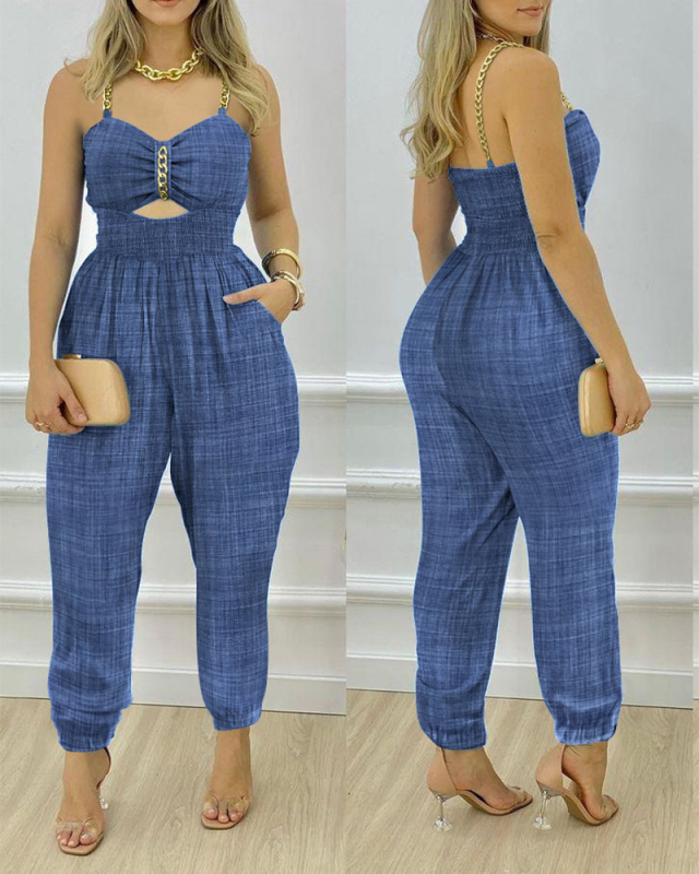 Elegantni bezrukavni jumpsuit s U-dekolteom, jednobojni poliester