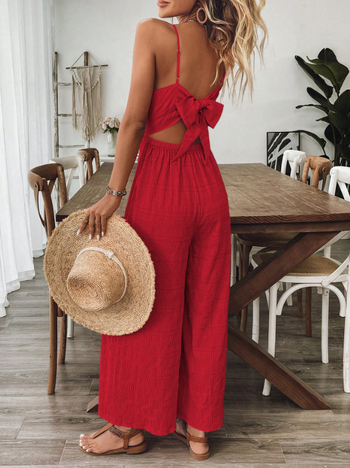 Γυναικείος ολόσωμος φόρμα με τιράντες, χωρίς μανίκια, φιόγγος στην πλάτη, φαρδιά παντελόνια, πολυεστέρας