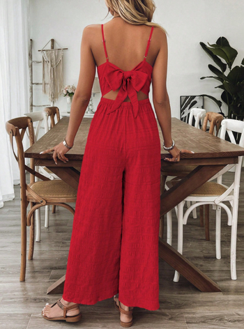 Γυναικείος ολόσωμος φόρμα με τιράντες, χωρίς μανίκια, φιόγγος στην πλάτη, φαρδιά παντελόνια, πολυεστέρας