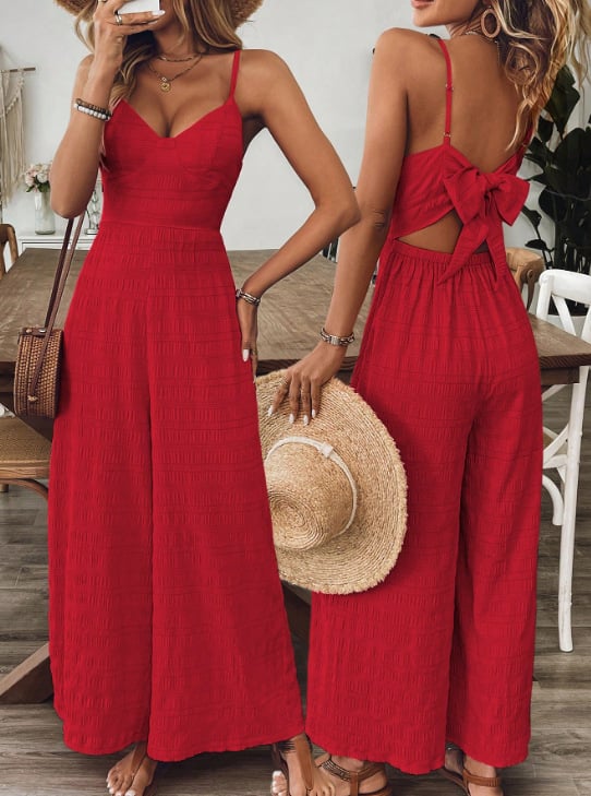 Női overál spagetti pántos, hátoldali masni, ujjatlan, középső derekú, széles nadrág, poliészter