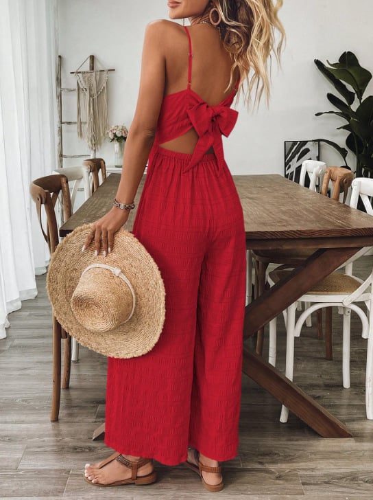 Női overál spagetti pántos, hátoldali masni, ujjatlan, középső derekú, széles nadrág, poliészter