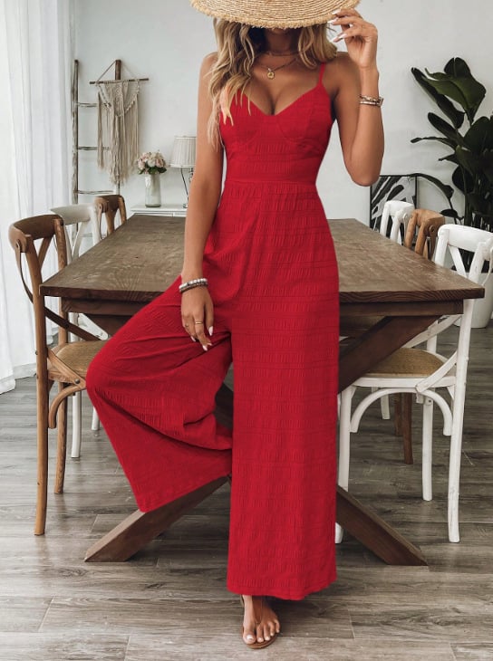 Női overál spagetti pántos, hátoldali masni, ujjatlan, középső derekú, széles nadrág, poliészter