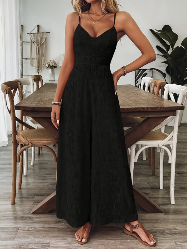 Női overál spagetti pántos, hátoldali masni, ujjatlan, középső derekú, széles nadrág, poliészter