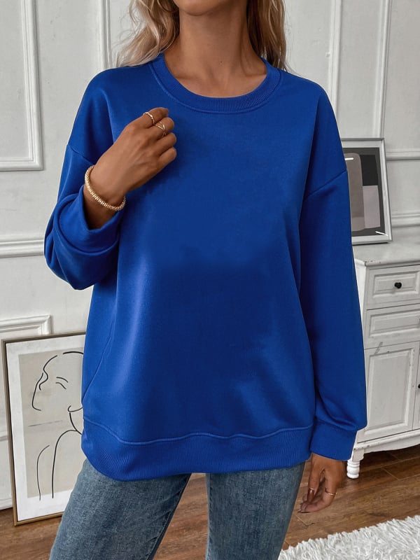 Pulover damă cu căptușeală din fleece, croială lejeră, mâneci lungi, guler rotund, dintr-un amestec de bumbac-poliester gros, toamnă 2024