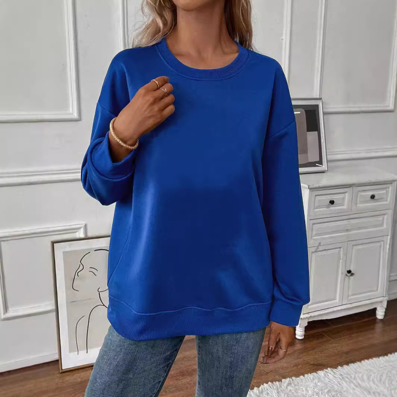 Pulover damă cu căptușeală din fleece, croială lejeră, mâneci lungi, guler rotund, dintr-un amestec de bumbac-poliester gros, toamnă 2024