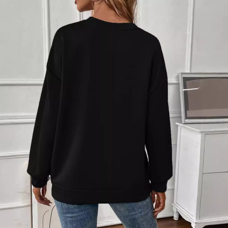 Pulover damă cu căptușeală din fleece, croială lejeră, mâneci lungi, guler rotund, dintr-un amestec de bumbac-poliester gros, toamnă 2024