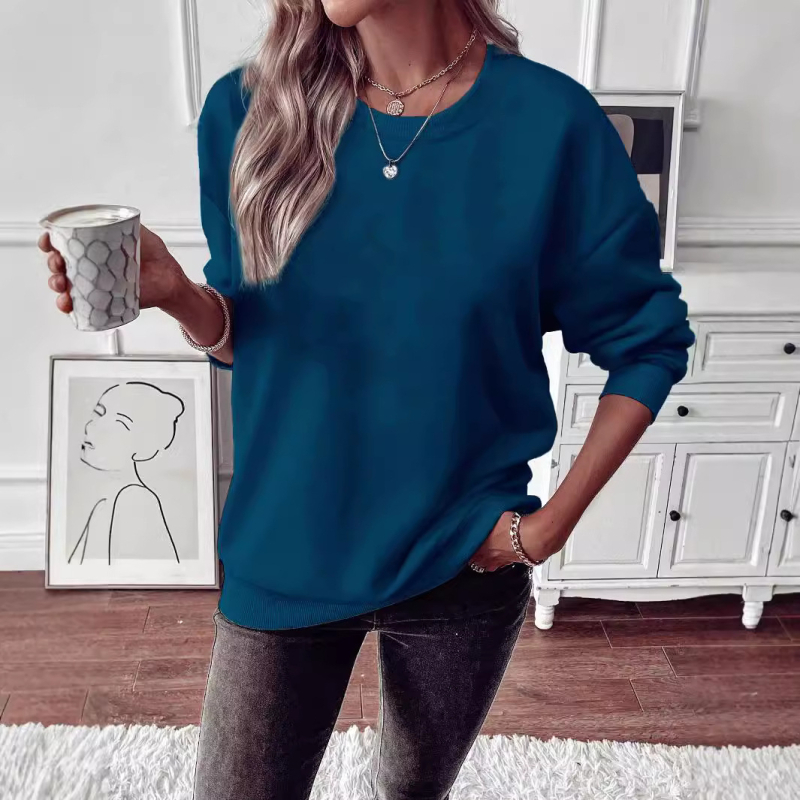 Pulover damă cu căptușeală din fleece, croială lejeră, mâneci lungi, guler rotund, dintr-un amestec de bumbac-poliester gros, toamnă 2024