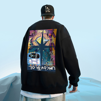 Оверсайз мъжки суитшърт с кръгла яка и печат на мечка, полиестрова материя, подходящ за пролет и есен